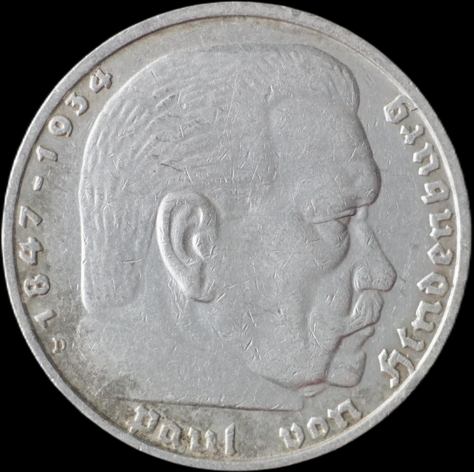 Nemecko - 5 Marka 1935 D Hindenburg - strieborná minca - Numizmatika