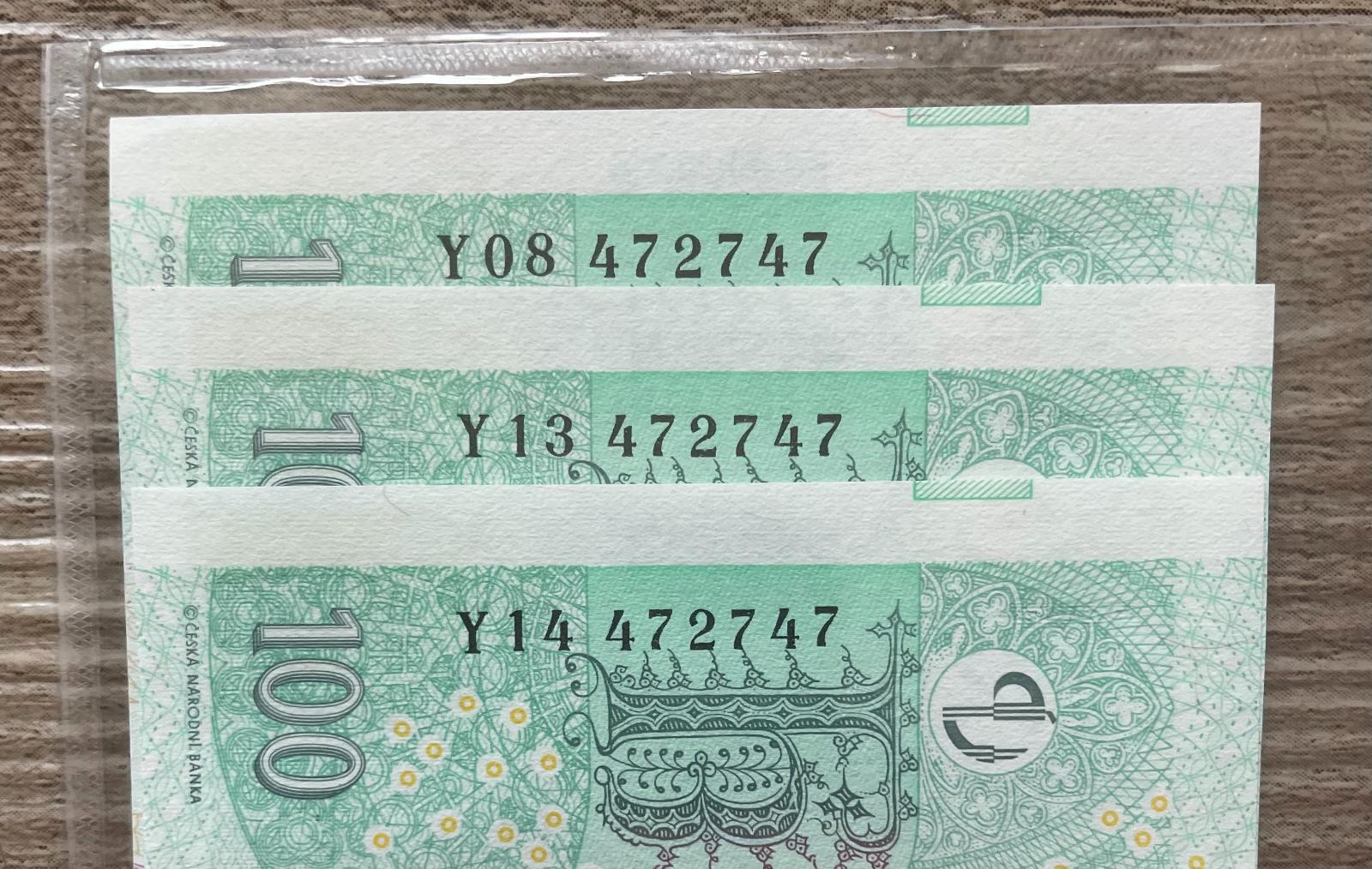 3 x špeciál číslo "472747" 100 Kč 2018 UNC séria Y08,Y13,Y14 bez vrypu - Bankovky
