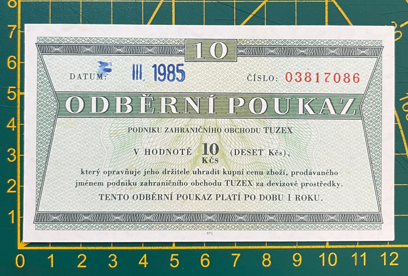 TUZEX POUKAZ - 10 KČS 1985 UNC - ODBERNÝ POUKAZ ČSR - Bankovky
