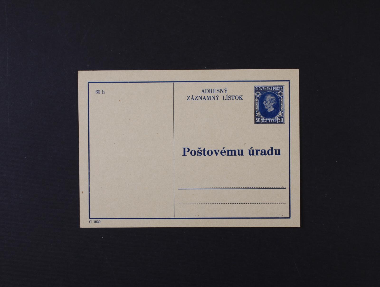 Adresný záznamový lístok CAZ 1, kat. 25 euro, Slovenský štát - Filatelia