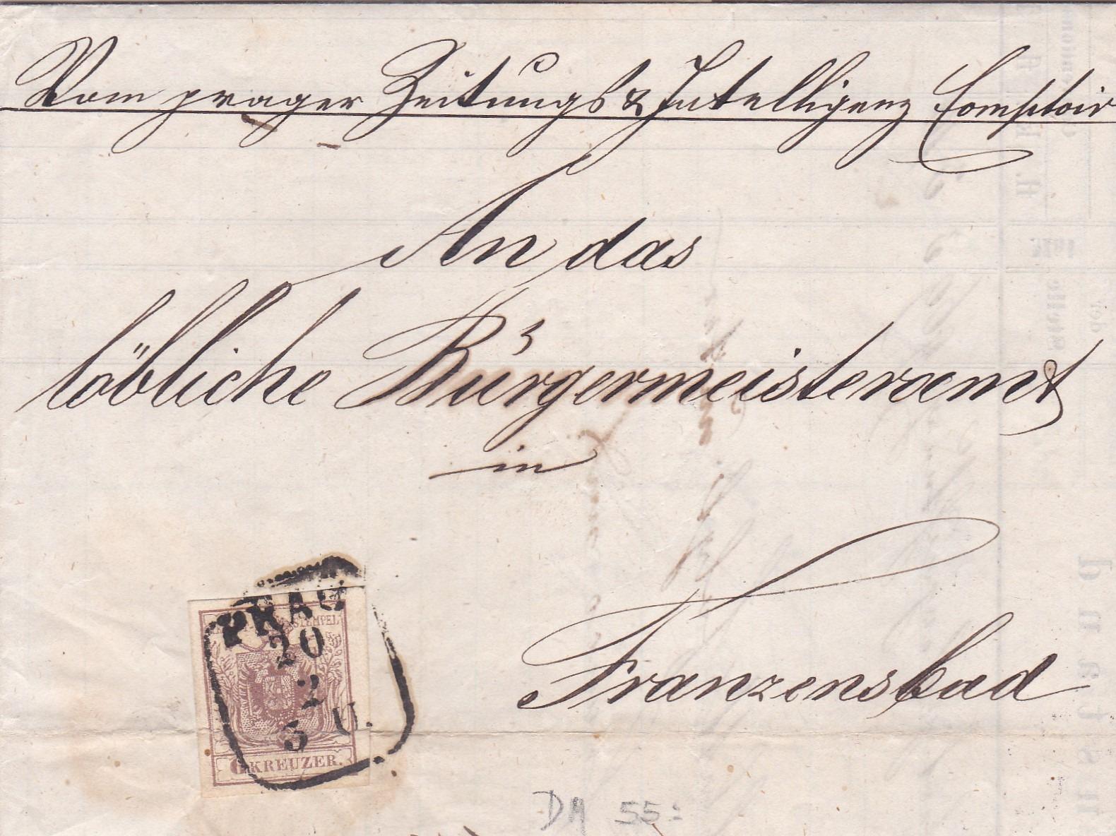 Rakúsko, firemné Praha, skladaný-účet 1857-Františkovy Lázně (Cheb), - Filatelia