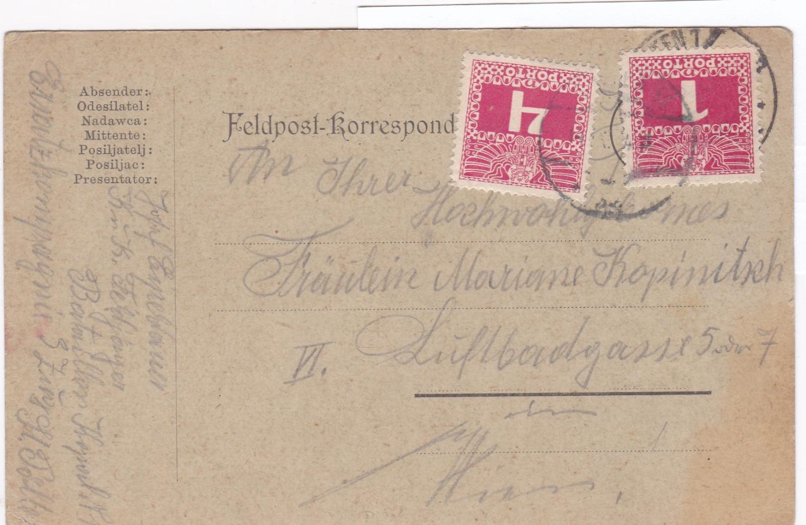 Rakúsko, poľná pošta St. Pölten asi 1914 - doplatné Viedeň. - Filatelia