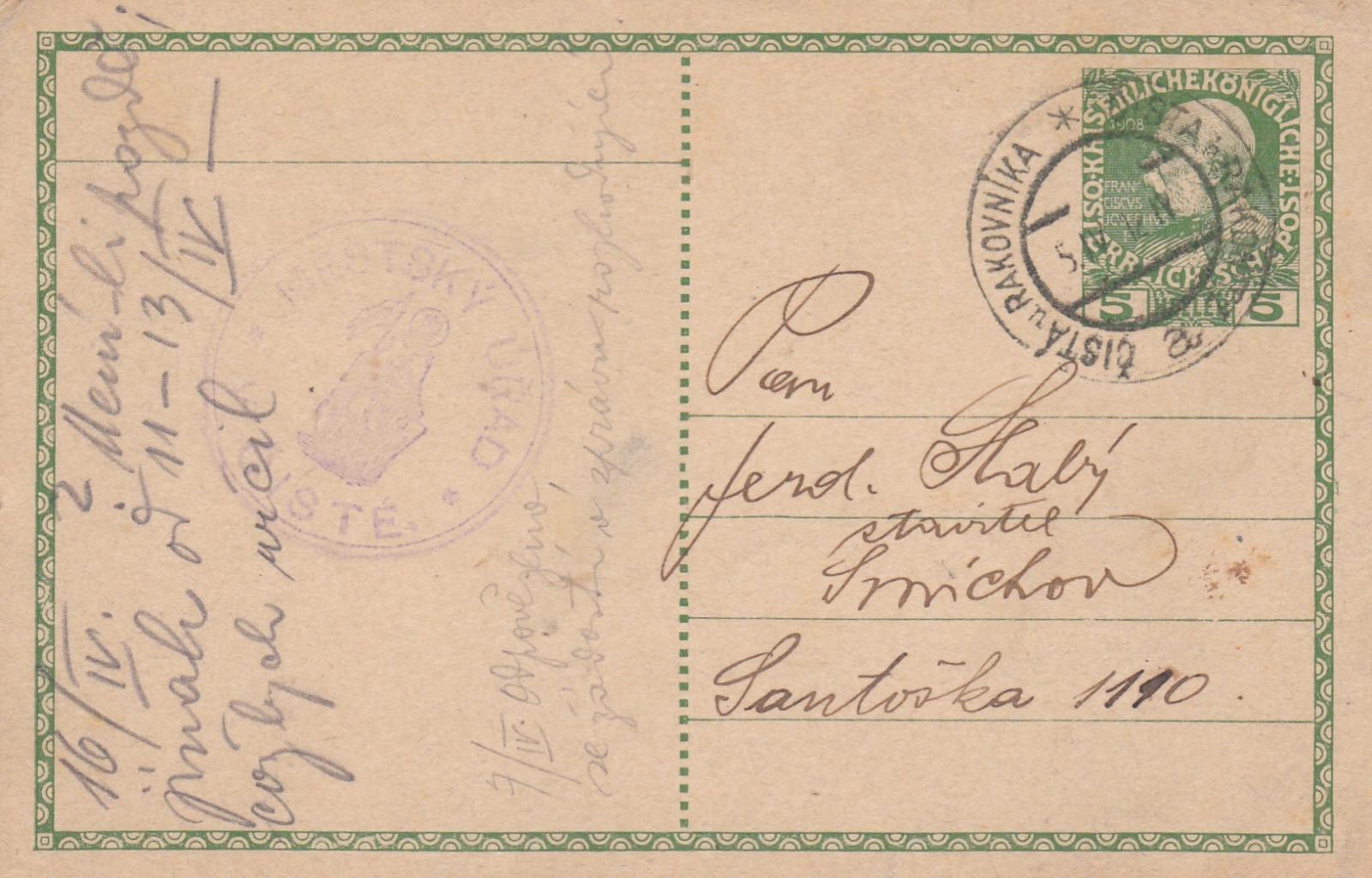 Rakúsko, Čistá 1912, mestský úrad-starosta (Rakovník)- Smíchov, Praha - Filatelia