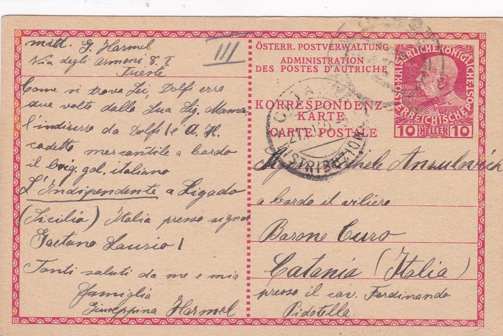 Rakúsko, pre zahraničie. Taliansko, Terst 1910 - Taliansko, Catania. - Filatelia