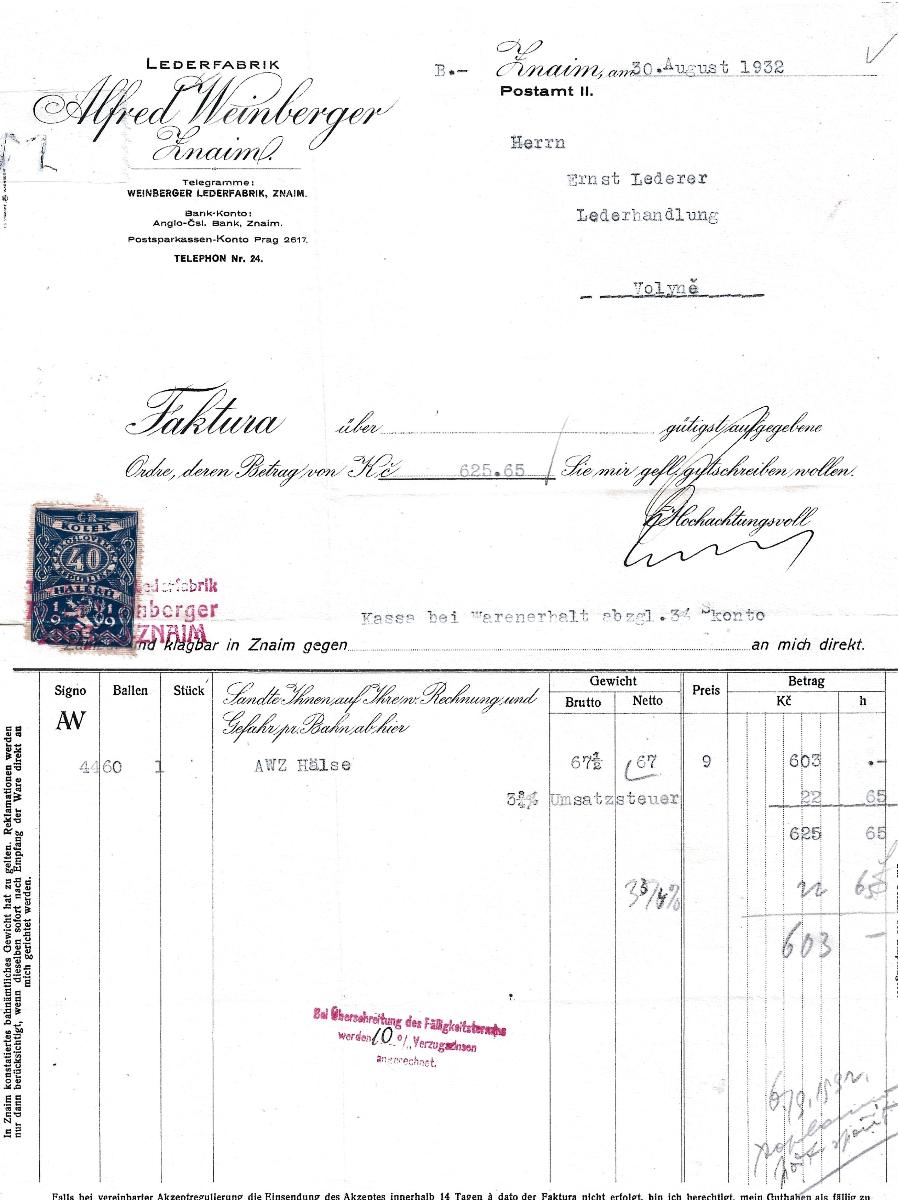 Fir. účet s kolkom, A. Weinberger, koža, 1932, Znojmo do Volyně - Filatelia