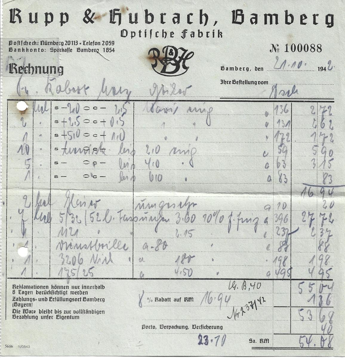 Firemný účet, 1942, Bamber, optika, Aš - Filatelia