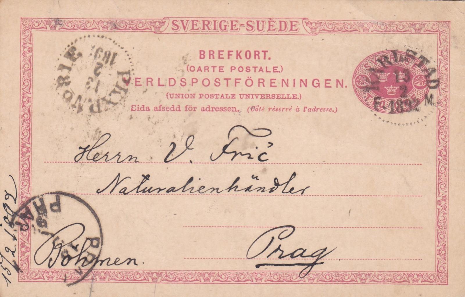 Švédsko, Karlstad 1892 - Dr. Frič, Praha, s prích. - Filatelia