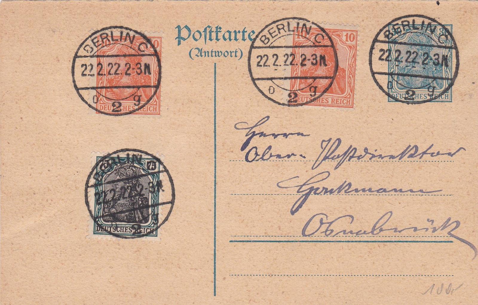 Nemecko, 2. časť dvojité, dofr. Berlín 22.2.1922, 2-3N.!!! -Osnabrück - Filatelia