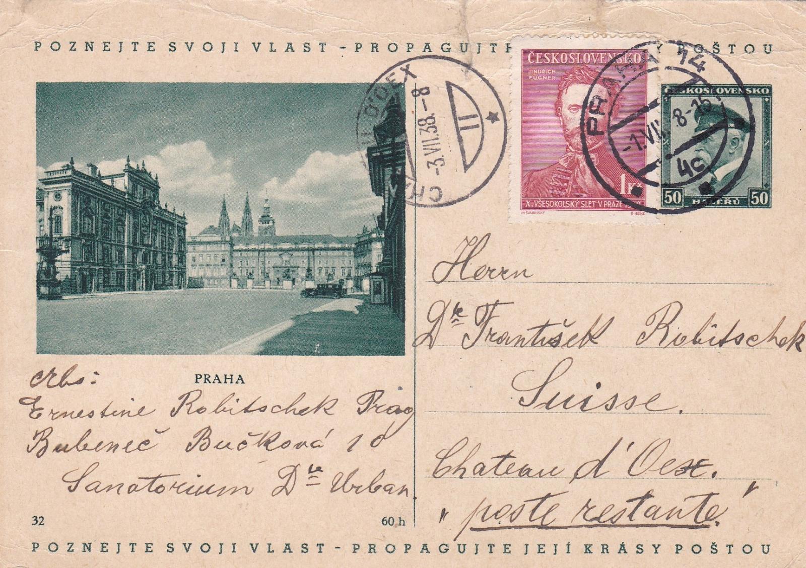 CDV 69/32, mz?, Praha, dofr. v mieste 1938 - Švajčiarsko, s prích. - Filatelia