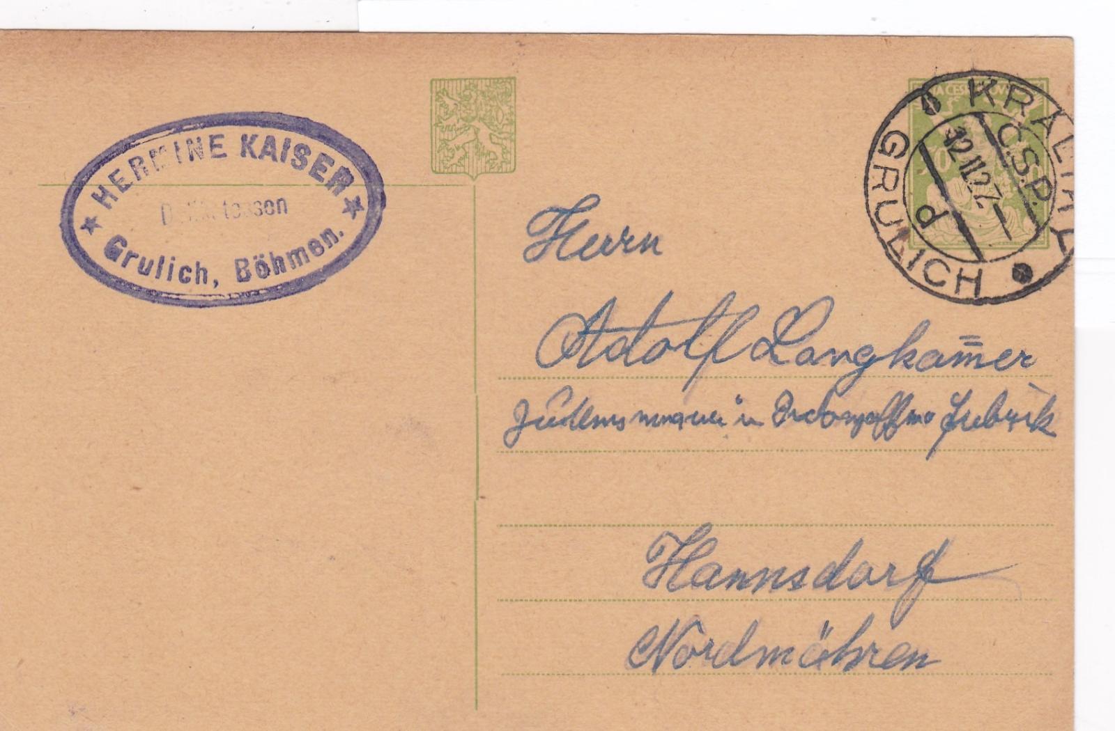 CDV 28, Králiky 1927, firma (Ústí n. O.) - Hanušovice (Šumperk). - Filatelia
