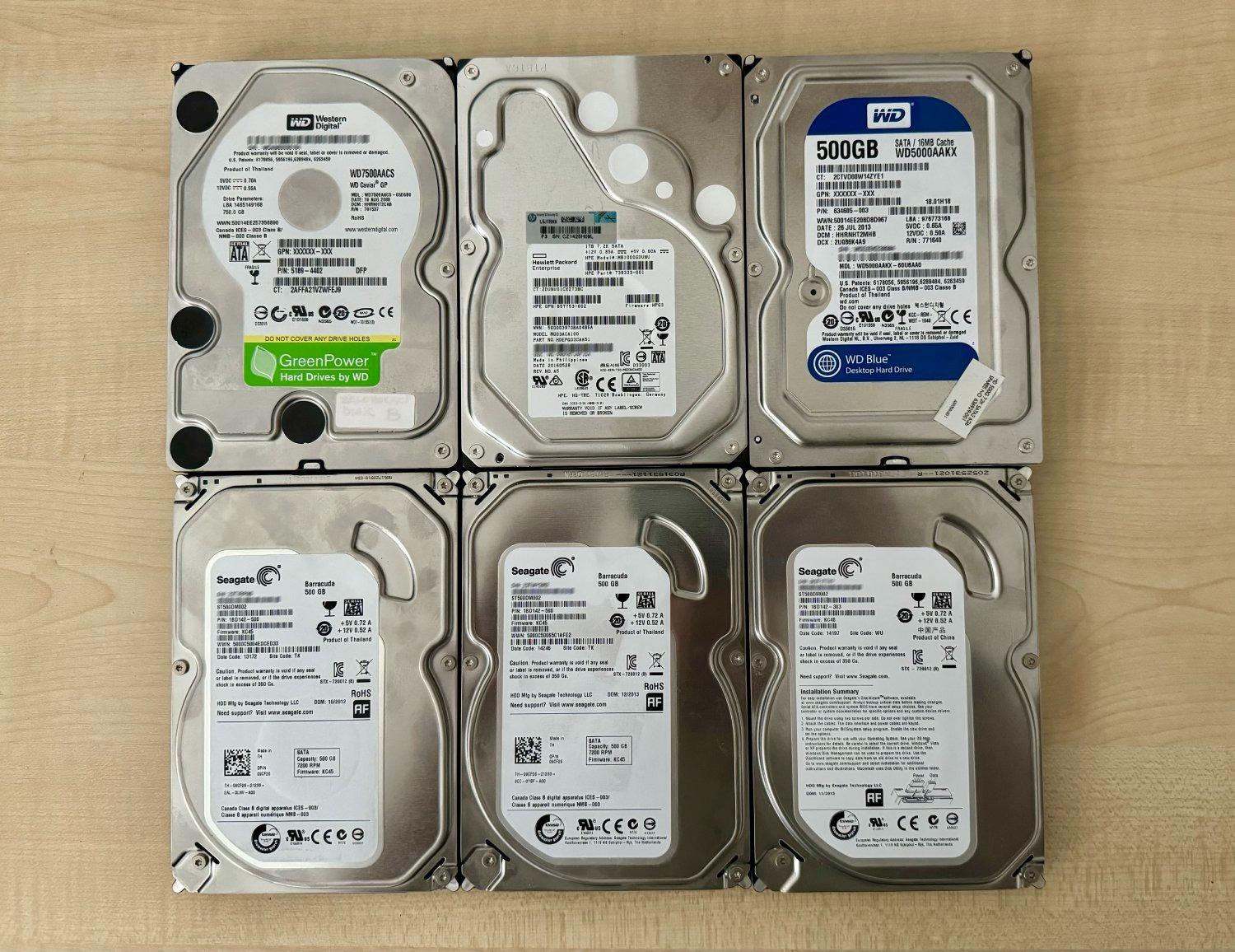 6x Pevný disk HDD (1TB, 750GB a 500GB) - Plně funkční - Počítače a hry