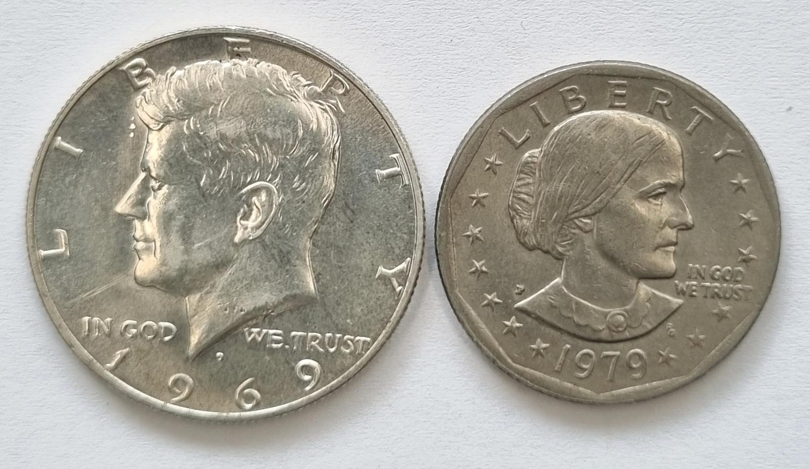 Lot 2ks mincu USA-1/2 dollar 1969 a dollar 1979 - Numizmatika