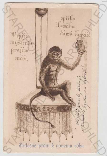 Nový rok, opice, kolorovaná - Pohľadnice