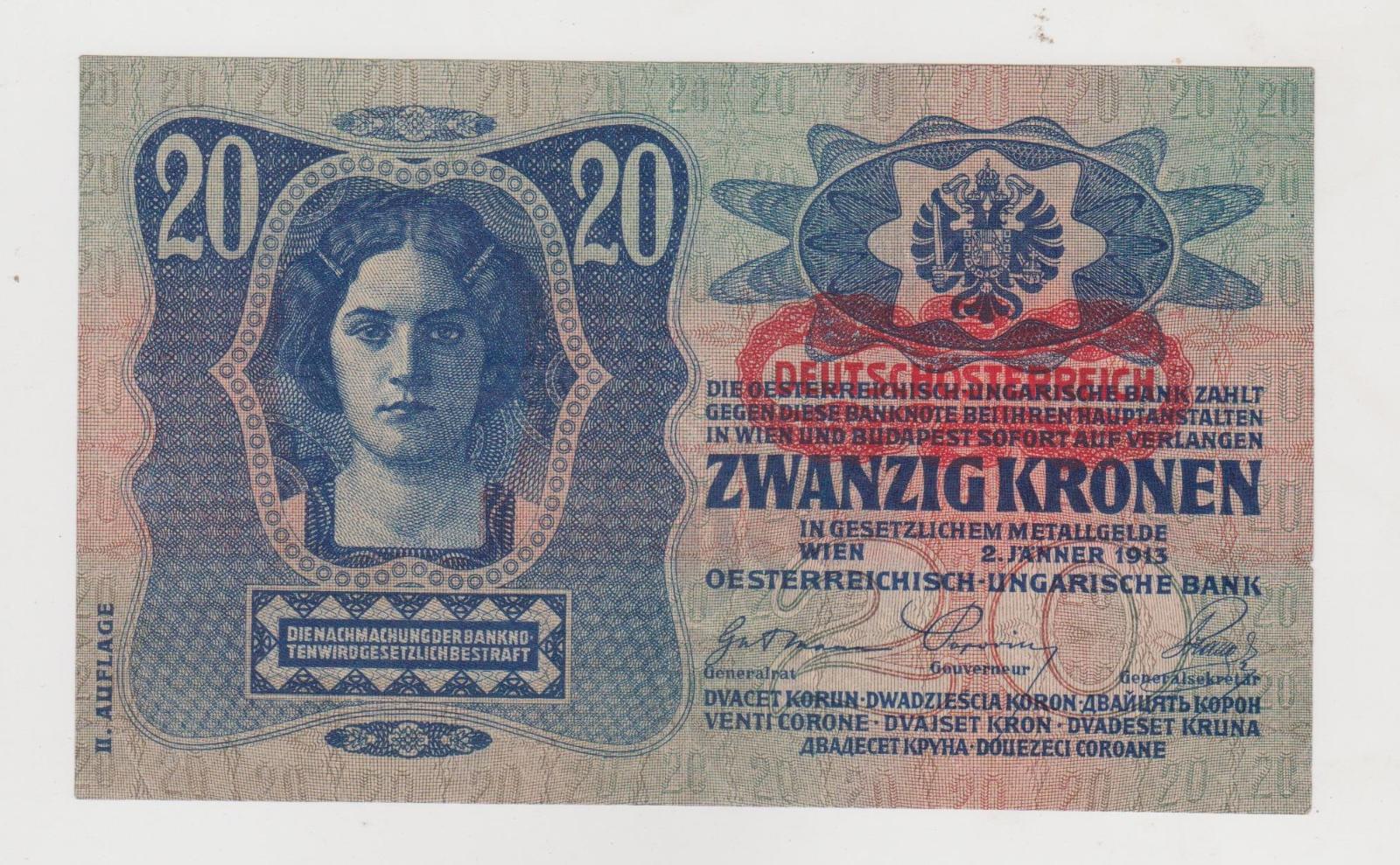 20 K 1913 II vydanie , prerazené rakúsko - Bankovky