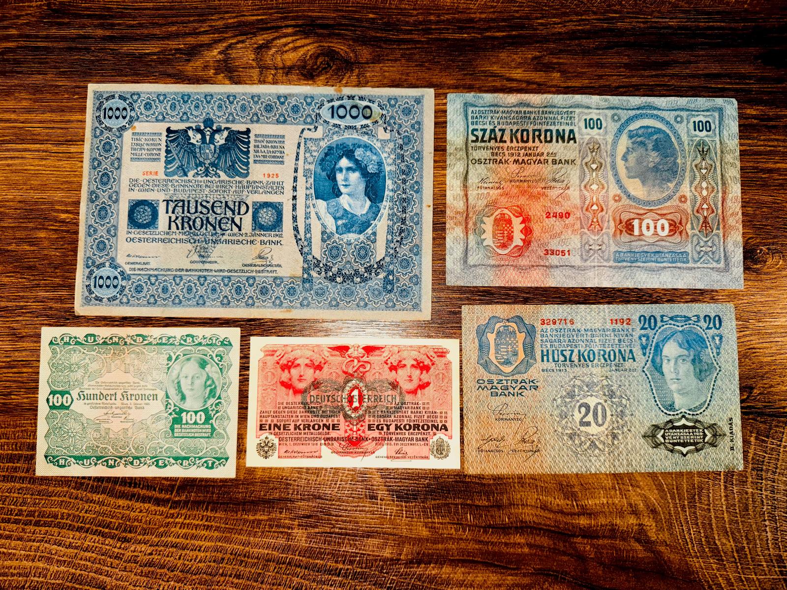 Rakúsko-Uhorsko, konvolut 5 ks starých bankoviek - pozri popis !!! - Zberateľstvo