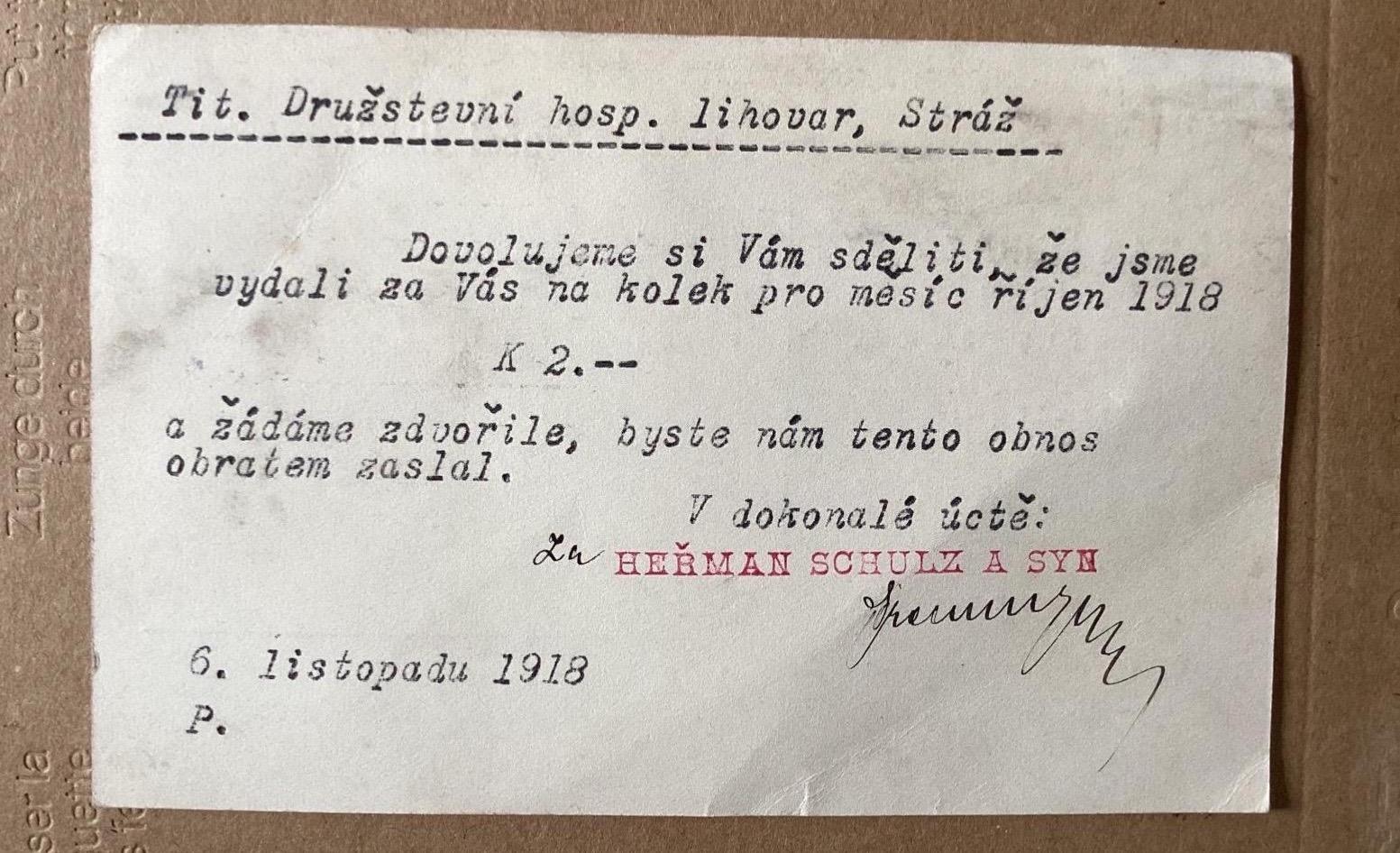 Žiadosť o platbu kolku za október 1918 - vznik ČSR - poslaná 6.11.1918 - Filatelia