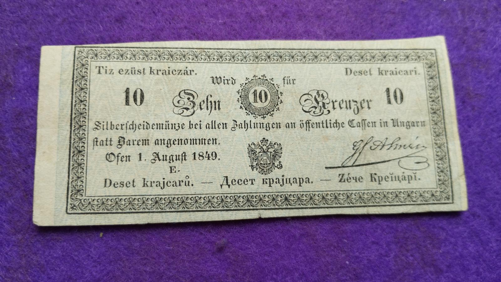 10 krajčír 1849 E - jednostranná bankovka - Zberateľstvo
