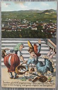 Most - Brüx - pekná žartovná koláž - ženy s vajíčkami - 1916