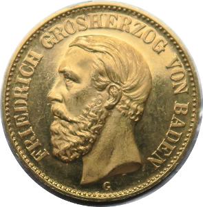 Zlatých 20 mariek (Baden) z roku 1875! Nádherná! RRR!