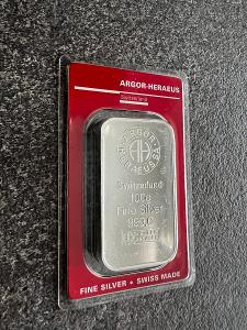 Strieborná tehla (zliatok) 100 gramov - Argor Heraeus SA Švajčiarsko
