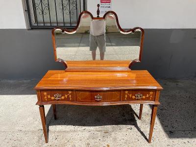 TOP-Luxusný starý písací stôl - drevo - intarzie - zrkadlo - TOP