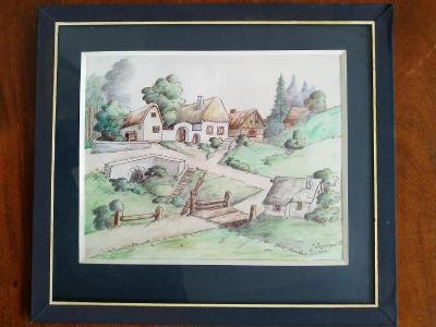 Obraz J. Dryáková - dedinské domy, kresba, signované č. 1000336
