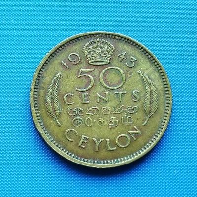 Ceylon 50 cents 1943 G.VI. KM 116 Ni-brass