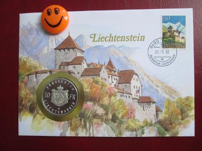 Mincový list 10 Francs 1990 Ag 999 Liechtenstein Proof