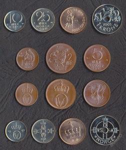 NORSKO SADA MINCI 1+2+5+10+25+50 Ore+1 Krone 1972-2007 7 ks UNC
