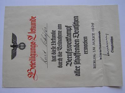 Dekret-diplom Berufswettkampf 1939