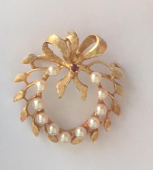 14k zlato brošňa nádherná rubín a perly TOP - Starožitné šperky