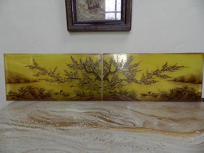 2 kusy staré ručně malované Sklo Krajina Kachny Vitráž