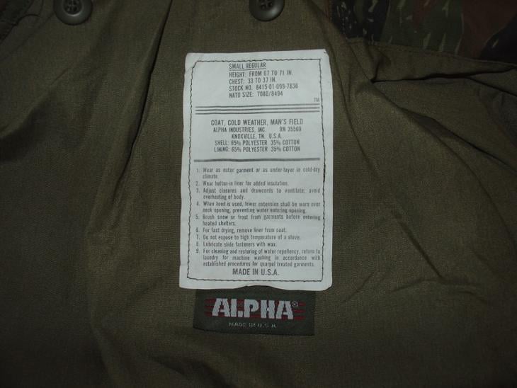 Original Alpha Industries US Army parka Tiger Stripe M-65 SMALL - Sběratelství