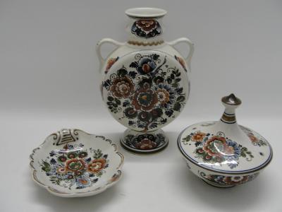 Holandký porcelán - 3 ks - váza, mísa, dóza, Delft polychroom