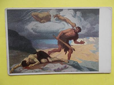 Umělecká pohlednice Kain Ábel Bůh autor Kösel č. 3 pověst zákon 
