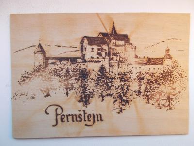 Dřevěná pohlednice dýha Brno Tišnov Pernštejn hrad Žďár výroba Darina