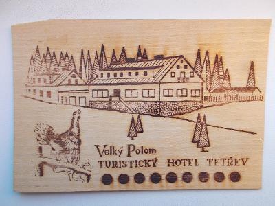 Dřevěná pohlednice dýha Frýdek Beskydy Velký Polom hotel Tetřev LIptal