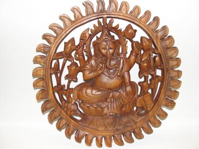 Vyřezávaný dřevěný obraz, kolo, 39cm, Ganesha hinduistický bůh