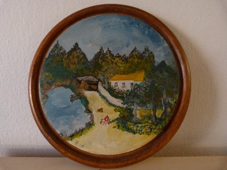 Obraz olej starší na dřevěném tácu 25cm /obrázek, signace, olejomalba - Umění