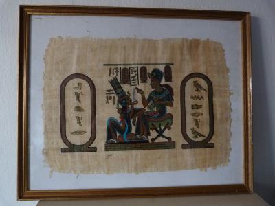 Obraz starý ruční malba Tutanchamon s manželkou/papyrus/ Khedr - Egypt