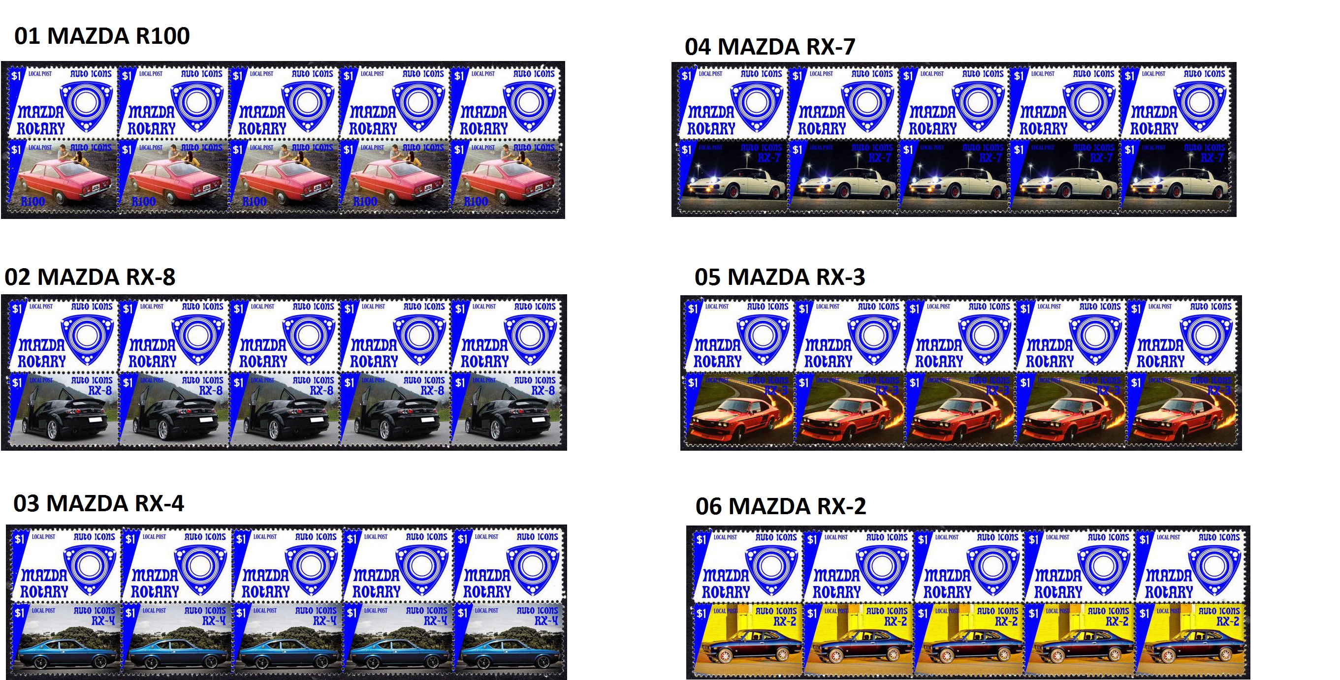 MAZDA - arch s poštovními známkami 10 ks více druhů - Známky