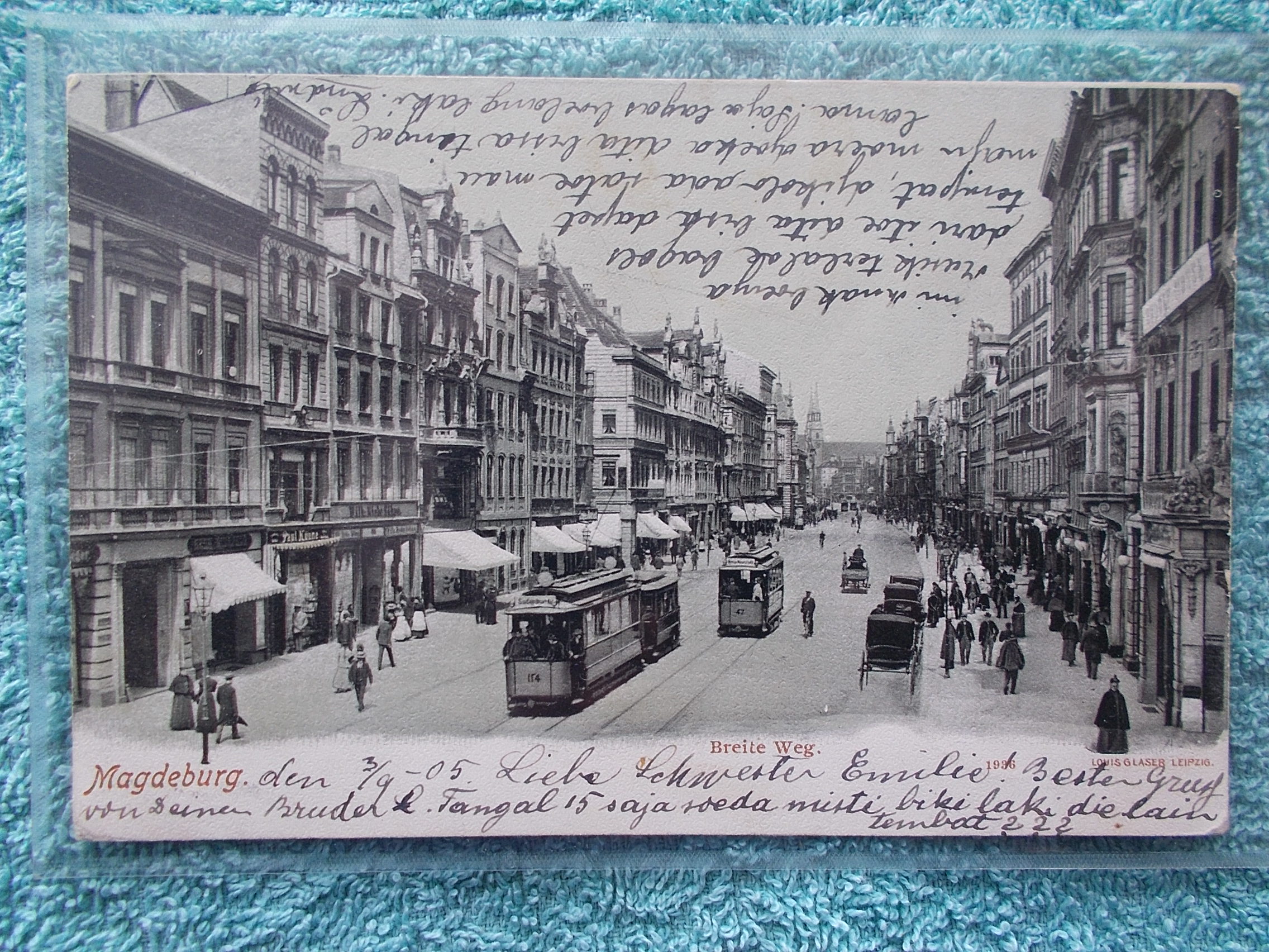 Německo Říše Magdeburg živá ulice tramvaje kočár drožka dlouhá adresa - Pohlednice