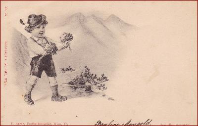 Döcker E. * děti, chlapec, květiny, hory, alpský motiv, sign. * M2391