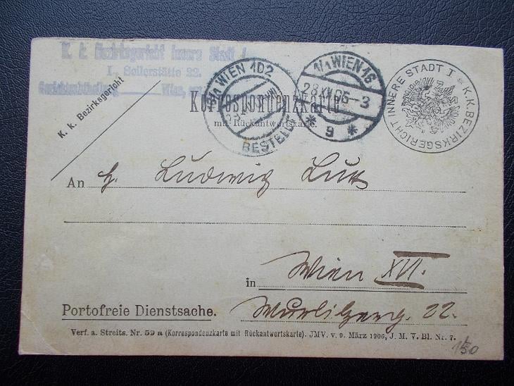 Celistvost Rakousko tiskopis odpovědka Vídeň služební bez porta 1906 - Filatelie