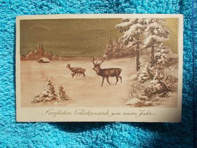 Německá pohlednice myslivost srna srnec jelen laň zlacená Nový rok 35