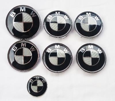 BMW znaky a pokličky - celá sada (karbonové)
