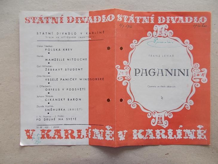 Starý divadelní program Hudební Praha Karlín reklama Lehár Paganini  - Starožitnosti a umění