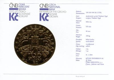 certifikát ČNB k zlaté minci 100.000.000 Kč 2019 známé v 1 exempláři