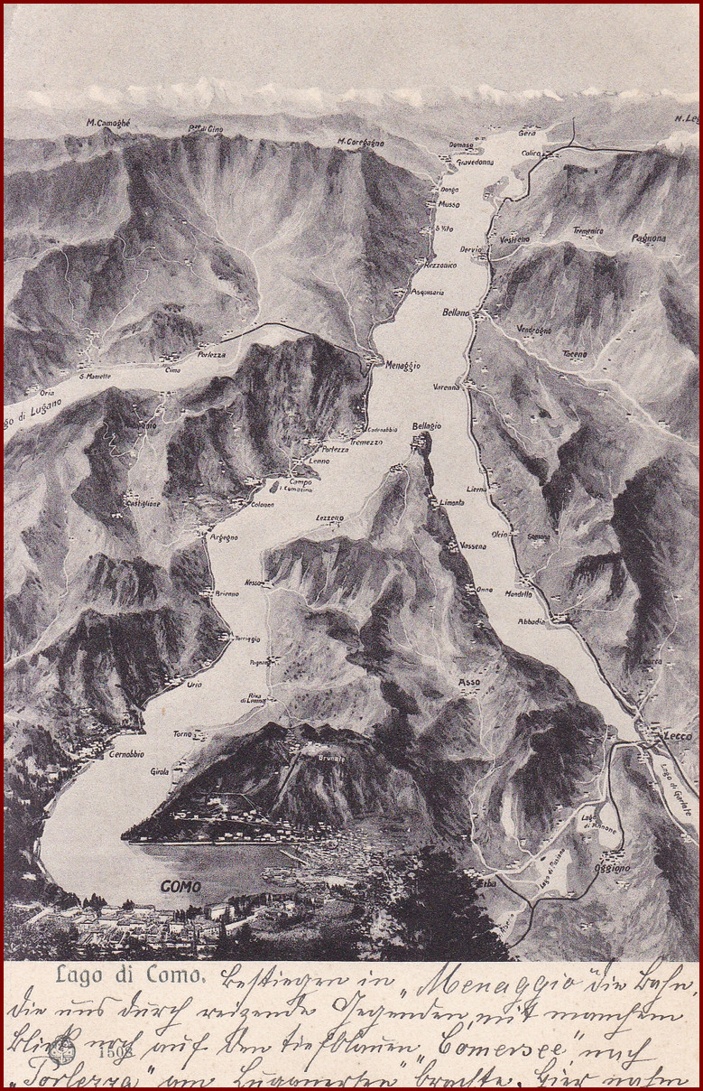 Lago di Como * mapa na pohlednici, jezero, hory, Alpy * Itálie * Z1021 - Pohlednice