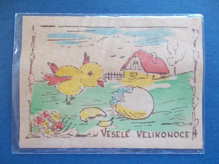 Dřevěná pohlednice dýha Veselé velikonoce kuře Lipta color barevná  - Pohlednice